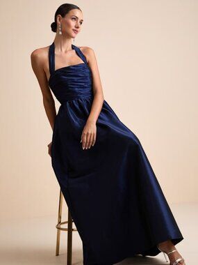 Lulus Rani Navy Taffeta Halter Maxi Dress Blue - Size S